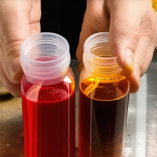 A side-by-side comparison of fresh red transmission fluid and burnt brown fluid in clear jars.