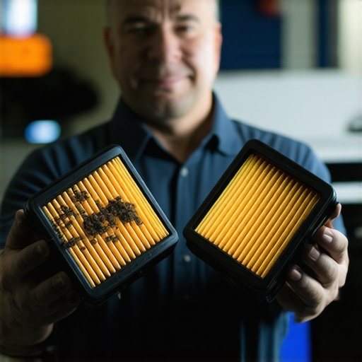 A mechanic showing the difference between a clogged transmission filter and a new one to demonstrate maintenance needs.