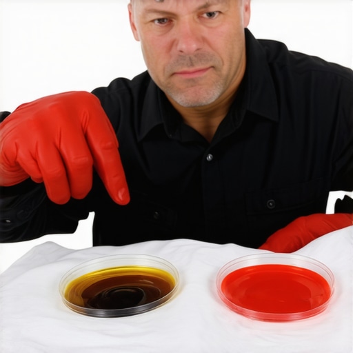 A mechanic showing the difference between healthy red transmission fluid and degraded brown fluid.
