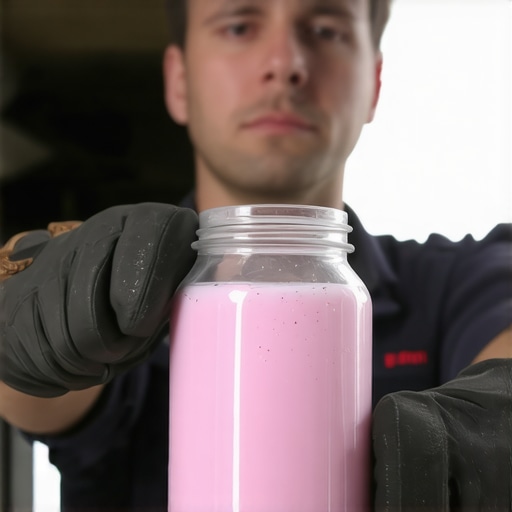 A jar showing the pink milky consistency of transmission fluid contaminated with engine coolant