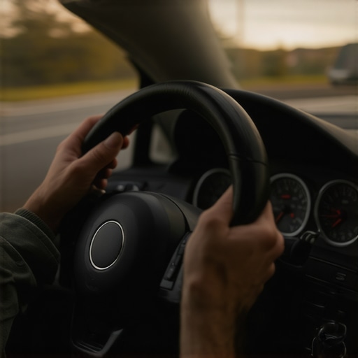 Hands on a steering wheel shifting a car into neutral during an emergency.
