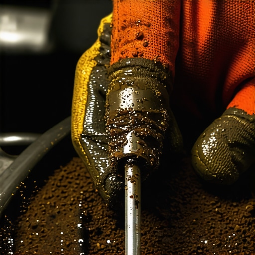 Close up of gritty black oil sludge on a car dipstick