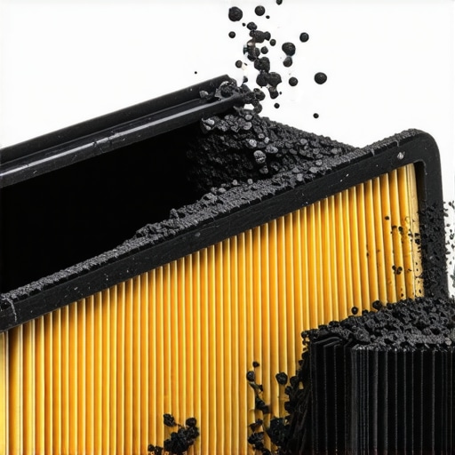 A close-up of a used oil filter filled with carbonized oil and grit debris.