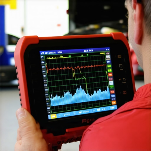 A technician using a professional diagnostic tool to monitor live engine data and graphs.