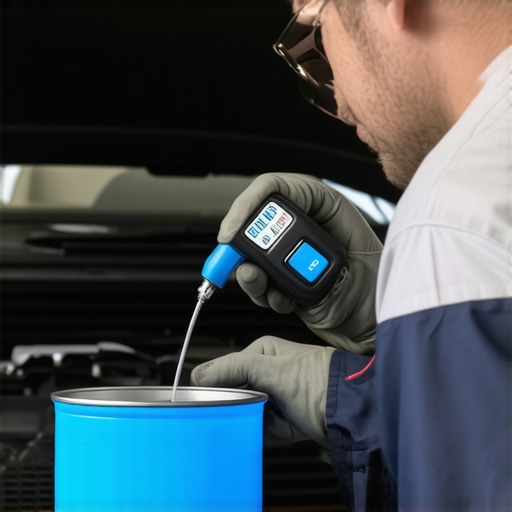 Mechanic testing engine coolant quality using a digital refractometer for precision maintenance.