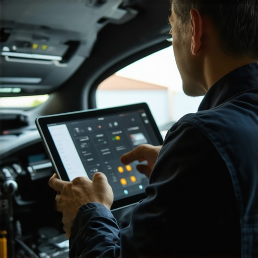 A technician using an OBD-II scanner and diagnostic tablet for car maintenance