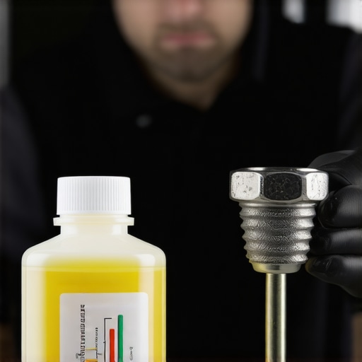 A mechanic demonstrating the use of a magnetic drain plug and oil analysis kit to prevent engine sludge.