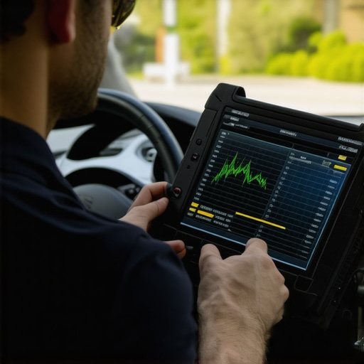Mechanic using a bidirectional scan tool to diagnose high-speed vehicle vibrations