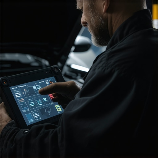 A technician using a digital scanner to check a car engine's health in a professional auto shop.