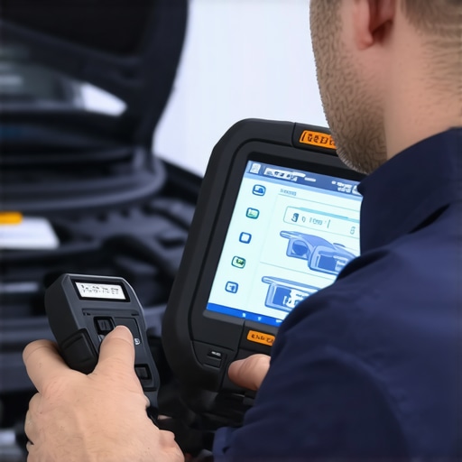Mechanic using a diagnostic tool to check transmission software and TCM data