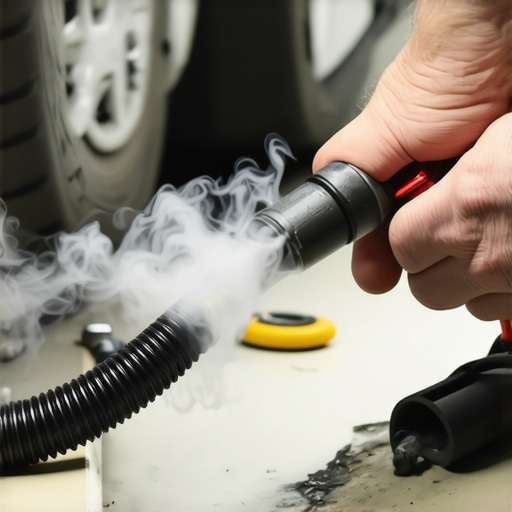 A mechanic using a smoke tester to locate a hidden vacuum leak in an engine bay.