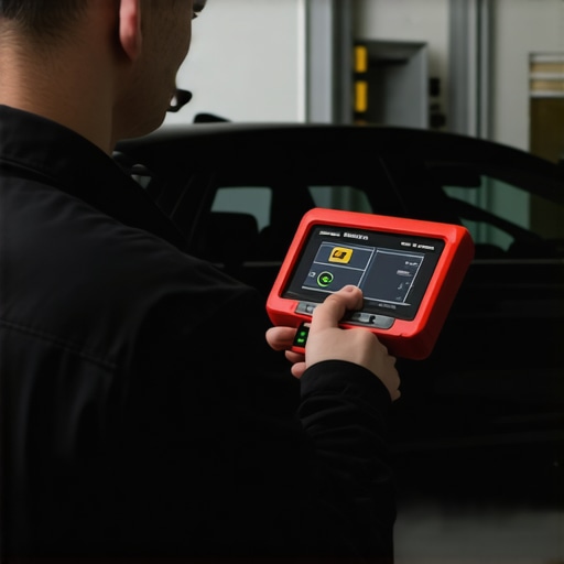 Mechanic using a diagnostic tool to find the source of car shaking at 60 mph